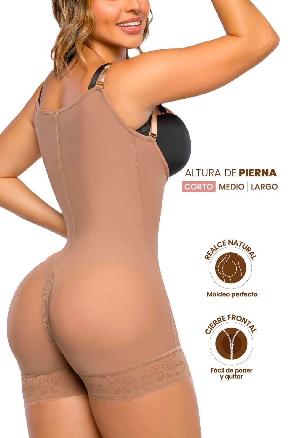 '- Faja corta SMI7086 LA PROVOCATIVA con cierre frontal y realce natural
- Vista posterior de faja SMI7086 con encaje siliconado y soporte lateral
- Detalle del sistema de broches y panty Ultrainvisible incluido en SMI7086