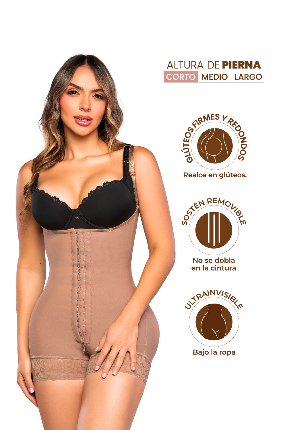 '- Faja SMI7167 corta con efecto lifting y encaje siliconado
- Vista frontal con tres niveles de abrochadura
- Diseño posterior invisible con panty de regalo incluido