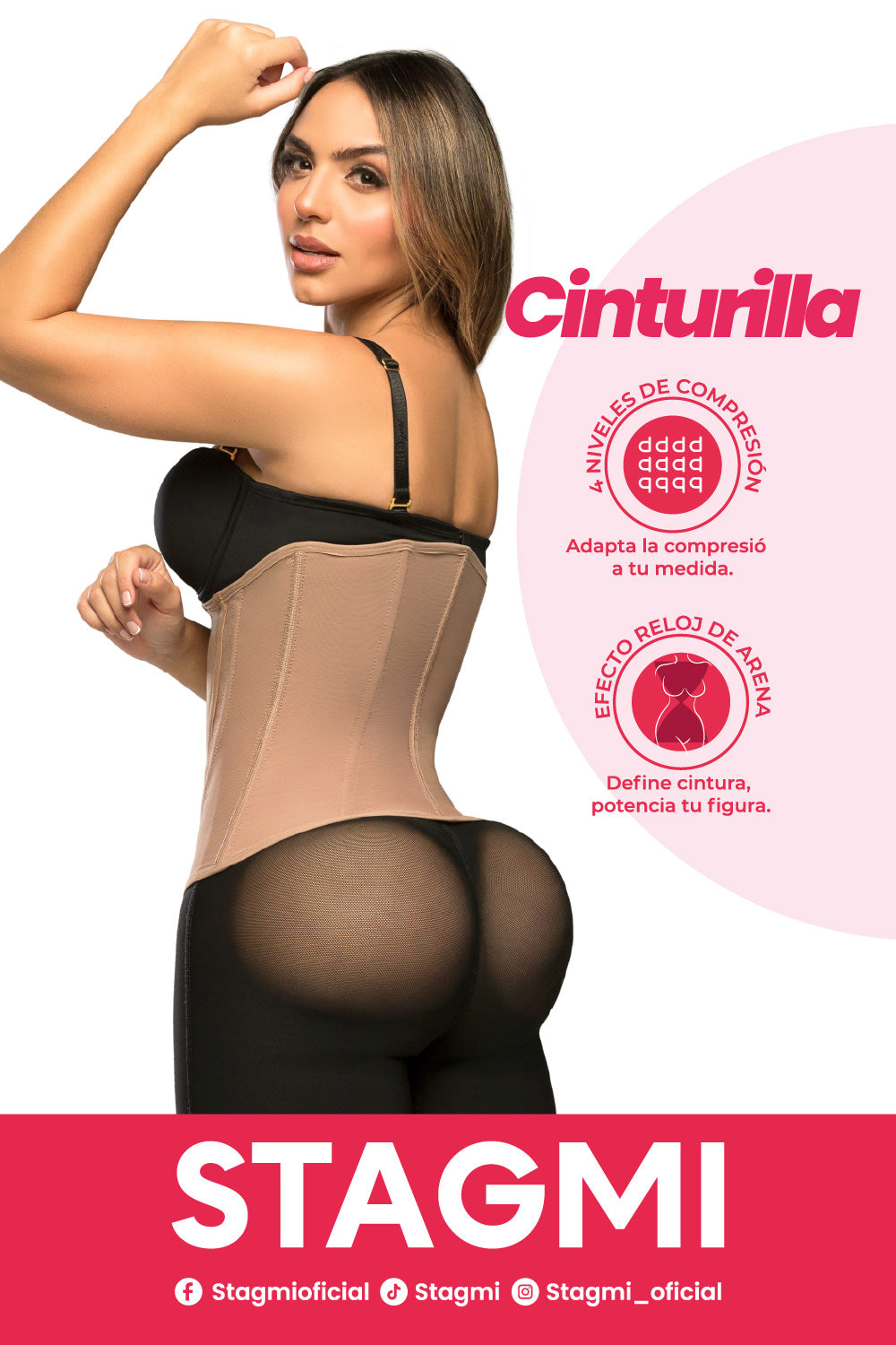 '- Cinturilla SMI2025 con doble cierre y compresión estética
- Vista lateral mostrando el soporte lumbar
- Estructura anatómica que define la cintura sin incomodar