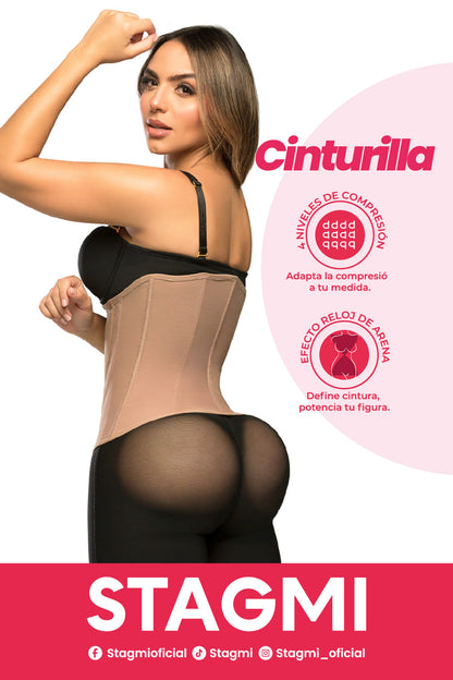 '- Cinturilla SMI2025 con doble cierre y compresión estética
- Vista lateral mostrando el soporte lumbar
- Estructura anatómica que define la cintura sin incomodar