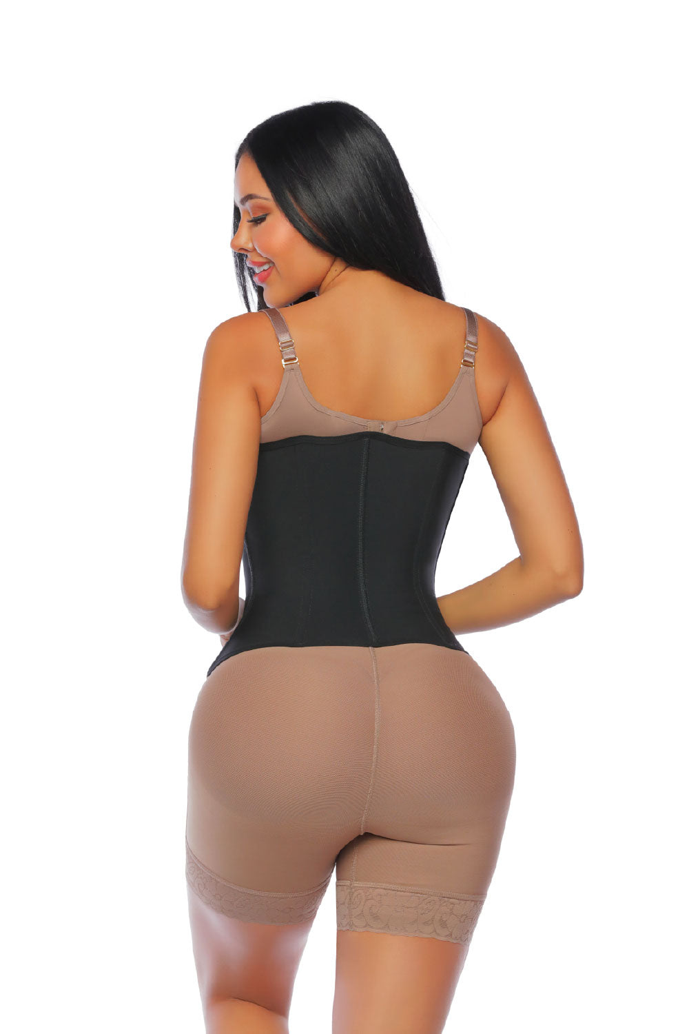 '- Cinturilla SMI2025 con doble cierre y compresión estética
- Vista lateral mostrando el soporte lumbar
- Estructura anatómica que define la cintura sin incomodar