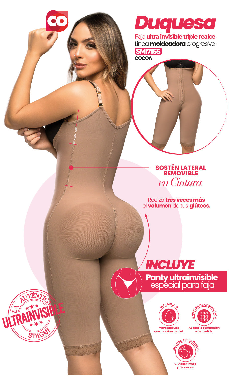 '- Faja SMI7155 DUQUESA con triple lifting y soporte lateral removible
- Vista lateral y posterior de la faja hasta la rodilla con tirantes ajustables
- Detalle del diseño sin costuras y panty incluido en la SMI7155