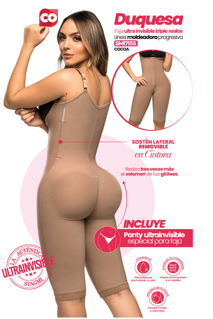 '- Faja SMI7155 DUQUESA con triple lifting y soporte lateral removible
- Vista lateral y posterior de la faja hasta la rodilla con tirantes ajustables
- Detalle del diseño sin costuras y panty incluido en la SMI7155
